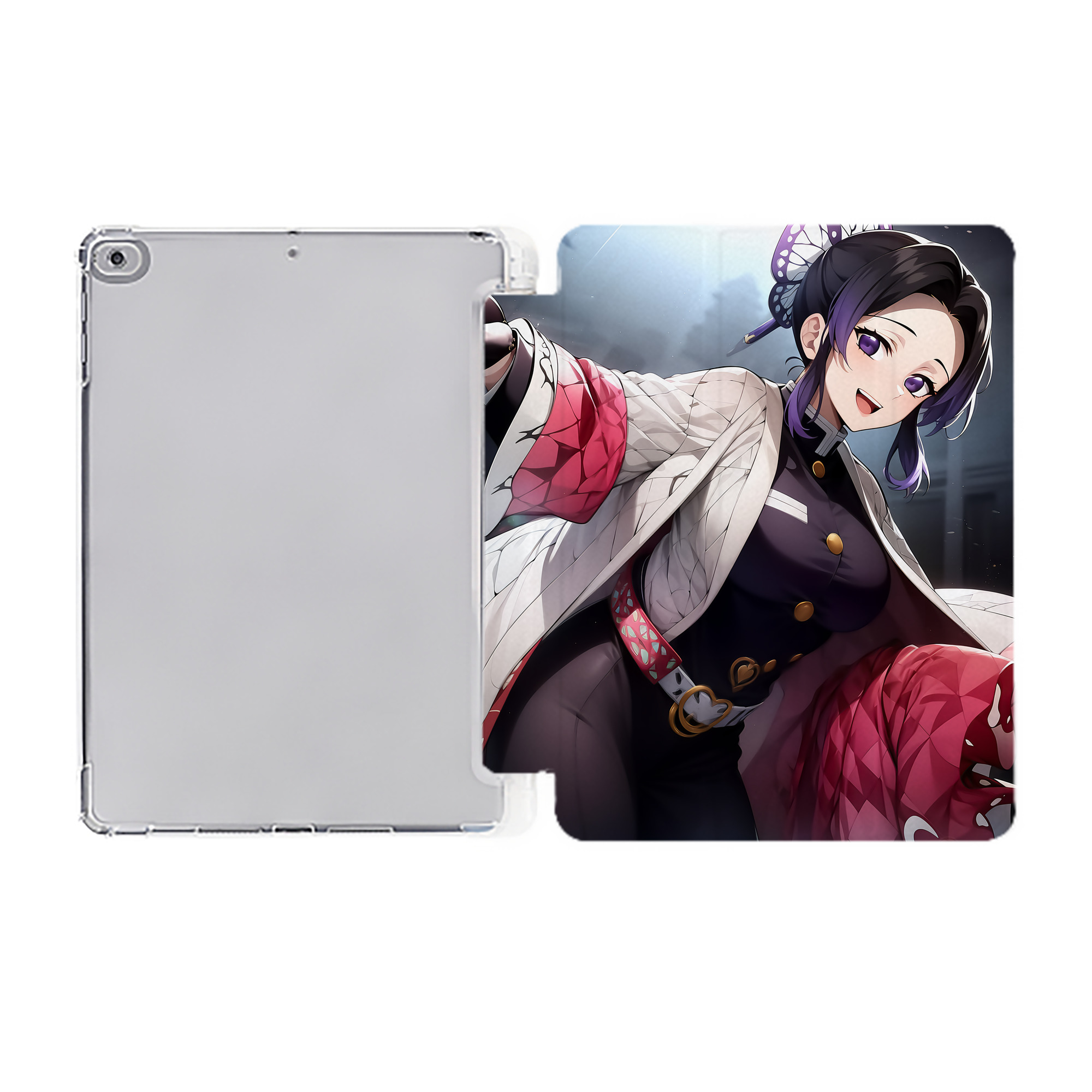 （画像用） 鬼滅の刃（きめつのやいば）蟲柱-胡蝶 しのぶ／こちょう しのぶ Kochou Shinobu IPad ケース ペン収納付き 三つ折りスタンド PUレザー×シリコン 対応機種9.5/10.5/10.9インチ